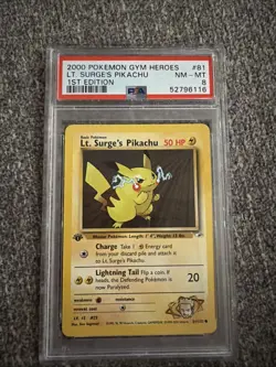 First Edition 2000 Pokemon Gym Heroes 81/132 Lt. Surge's Pikachu PSA NM-MT 8 - Image 1