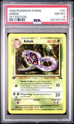 Pokemon Arbok Fossil 1st Edition 31/62 PSA 8 Uncommon Regular 60 HP 1999 - Image 1
