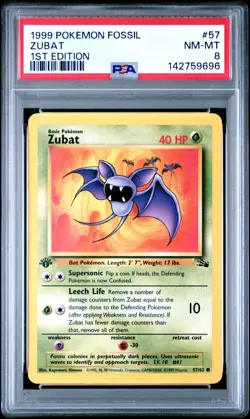 PSA 8 NM/MT 1999 POKEMON FOSSIL 57 ZUBAT 1ST EDITION ENGLISH - Image 1