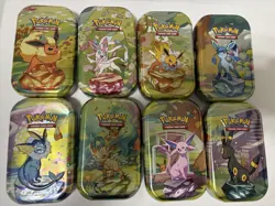 Pokemon Lot of 8 EMPTY Mini Tins With Art Cards And Coins - Image 1