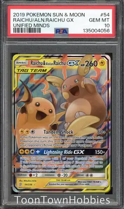 PSA 10 Pokemon - Raichu & Alolan Raichu GX 54/236 - Unified Minds Tag Team - Image 1