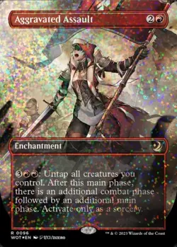 1x (96) Aggravated Assault - CONFETTI FOIL - BORDERLESS ANIME MTG Wilds of Eldra - Image 1
