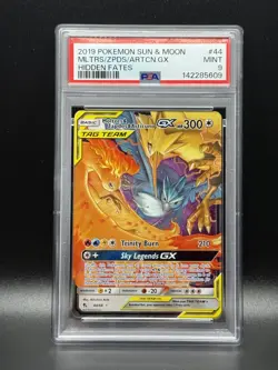 PSA 9 MINT Moltres & Zapdos & Articuno GX 44 Hidden Fates Pokemon Card - Image 1