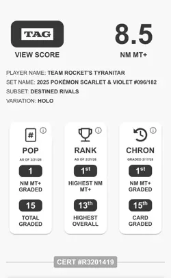 ‼POKEMON Team Rocket's Tyranitar 096/182 COSMOS HOLO PROMO TAG 8.5 PSA - Image 3