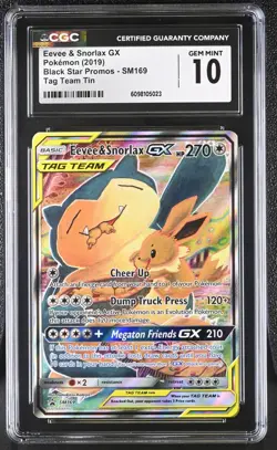 CGC 10 GEM MINT Eevee & Snorlax GX Black Star Promo SM169 Tag Team Pokemon Card - Image 1