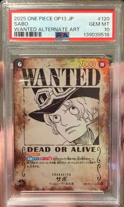 2025 JAPANESE ONE PIECE CARD SABO PSA 10 OP13 WANTED ALTERNATE ART BANDAI NAMCO - Image 1