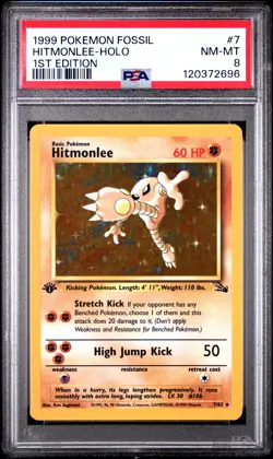 Hitmonlee-Holo Pokemon Fossil 7 NM PSA 8 - Image 1