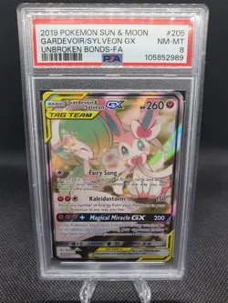 2019 POKEMON UNBROKEN BONDS GARDEVOIR SYLVEON GX FULL ART #205 PSA 8 - Image 1