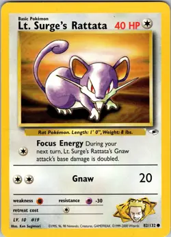 Pokemon TCG Lt. Surge's Rattata Gym Heroes 82/132 Unlimited Common Card WOTC LP - Image 1