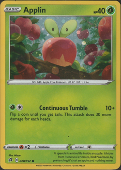 NM - Pokemon Applin 020/192 Rebel Clash Blister Cosmos Holo Rare - Image 1