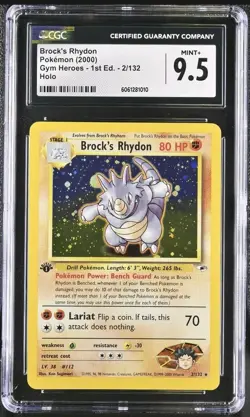 CGC 9.5 MINT+ Brock's Rhydon Gym Heroes 1st Edition 2/132 Holo Pokemon Card - Image 1