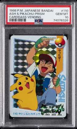 1998 POKEMON JPN BANDAI CARDDASS VENDING #110 ASH & PIKACHU-PRISM PSA 10 - Image 1