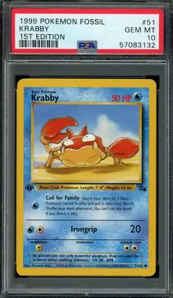 Krabby Pokemon 1999 Fossil 1st Edition Common 51/62 WOTC PSA 10 GEM MT - Image 1