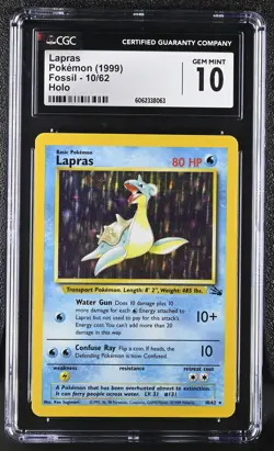 CGC 10 GEM MINT Lapras 1999 Fossil 10/62 Holo Pokemon Card - Image 1