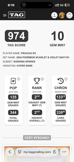 TAG 10 Pikachu EX Hyper Rare Card 247/191 Surging Sparks - Image 2
