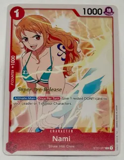 2022 One Piece Super Pre-Release Nami Gold Stamp ST01-007 English Card 1st Set - Image 1