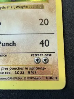 Hitmonchan 007/102 Base Set (Shadowless) Holo Pokemon TCG Card Played - Image 3