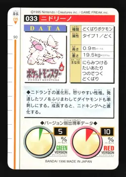 Pokemon Japanese Nidorino Bandai Carddass Series 1-2 G Green No. 033 Excellent - Image 2
