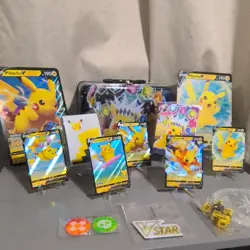 ⚡⚡⚡Pokemon TCG 5 Pikachu V card Lot w/2 jumbo cards, Lunchbox & Accessories - Image 1