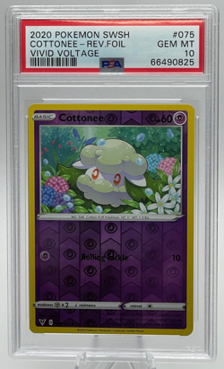 2020 POKEMON SWORD & SHIELD VIVID VOLTAGE #075 COTTONEE REVERSE FOIL PSA 10 GEM - Image 1