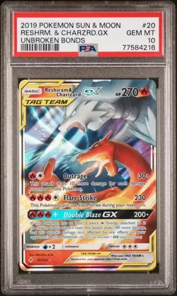 2019 POKEMON SUN & MOON UNBROKEN BONDS #20 RESHIRAM & CHARIZARD GX PSA 10 - Image 1