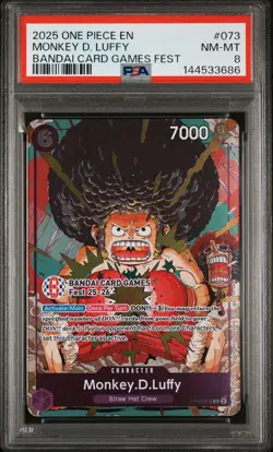 2025 ONE PIECE PROMOS BANDAI CARD GAMES FEST #073 MONKEY D. LUFFY PSA 8 - Image 1