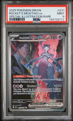 2025 POKEMON DESTINED RIVALS SPECIAL ILLUSTRATION TEAM ROCKET'S MEWTWO EX PSA 9 - Image 1
