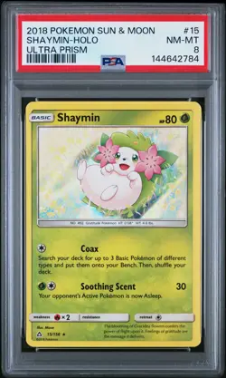 2018 POKEMON SUN & MOON ULTRA PRISM #15 SHAYMIN-HOLO PSA 8 - Image 1