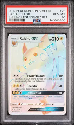 2017 POKEMON SUN & MOON SHINING LEGENDS SECRET #75 FULL ART/RAICHU GX PSA 10 - Image 1