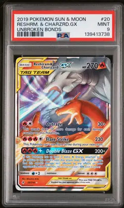 2019 POKEMON SUN & MOON UNBROKEN BONDS #20 RESHIRAM & CHARIZARD GX PSA 9 - Image 1