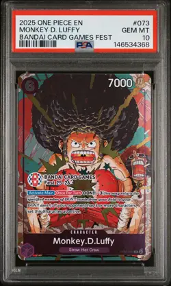 2025 ONE PIECE PROMOS BANDAI CARD GAMES FEST #073 MONKEY D. LUFFY PSA 10 - Image 1