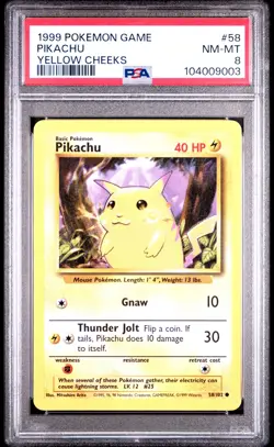 1999 POKEMON BASE SET UNLIMITED YELLOW CHEEKS #58 PIKACHU PSA 8 - Image 1