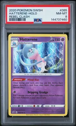 2020 POKEMON SWORD & SHIELD REBEL CLASH #085 HATTERENE-HOLO PSA 8 - Image 1