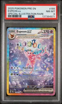 134679451 Espeon ex 2025 Pokemon Prismatic Evolutions #155 SIR PSA 8 - Image 1