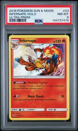 2018 POKEMON SUN & MOON ULTRA PRISM #23 INFERNAPE-HOLO PSA 8 - Image 1