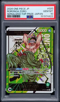 2026 ONE PIECE JPN PROMOS SERIALIZED TOP PRIZE RORONOA ZORO 1196/2700 PSA 10 - Image 1