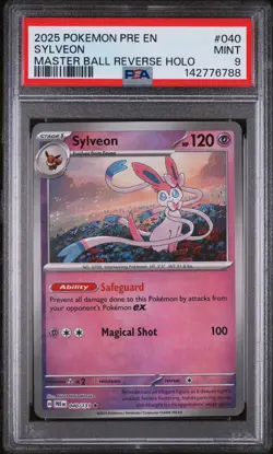 2025 POKEMON PRE EN-PRISMATIC EVOLUTIONS MASTER BALL REVERSE HOLO SYLVEON PSA 9 - Image 1