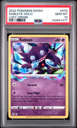 2022 POKEMON SWORD & SHIELD LOST ORIGIN #070 SABLEYE-HOLO PSA 10 - Image 1