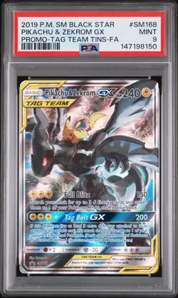 2019 POKEMON TAG TEAM TINS ROMO #SM168 FULL ART/PIKACHU & ZEKROM GX PSA 9 - Image 1