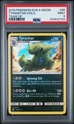 2019 POKEMON SUN & MOON TEAM UP #85 TYRANITAR-HOLO PSA 9 - Image 1