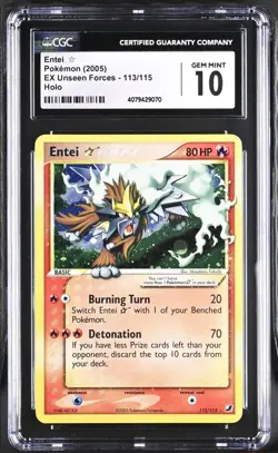 CGC 10 Entei Gold Star 2005 EX Unseen Forces 113/115 Holo Pokemon Card - Image 1