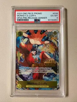 2023 One Piece English P-036 Monkey.D.Luffy OP04 Pre-Release Winner Promo PSA 6 - Image 1