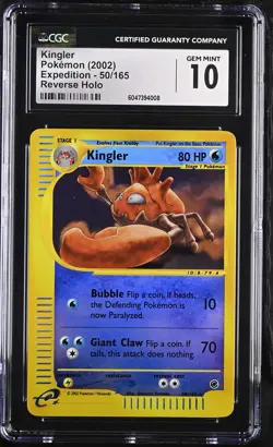 CGC 10 GEM MINT Kingler 2002 Expedition 50/165 Reverse Holo Pokemon Card - Image 1