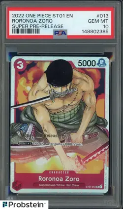 2022 One Piece ST01 EN Super Pre-release #013 Roronoa Zoro PSA 10 GEM MINT - Image 1