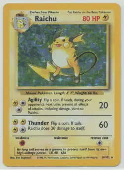 Raichu 1999 Pokemon Base Set Unlimited Holo Rare #14/102 - MP/HP - Image 1