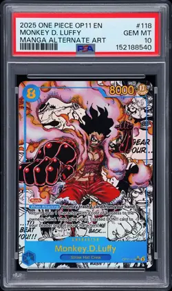 2025 ONE PIECE OP11-118 MONKEY D LUFFY MANGA ALT ART English PSA 10 GEM MINT - Image 1