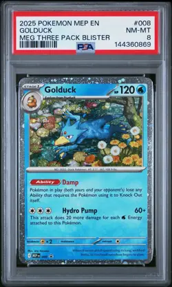 2025 POKEMON MEP MEGA EVOLUTION THREE PACK BLISTER #008 GOLDUCK PSA 8 Mint HOLO - Image 1