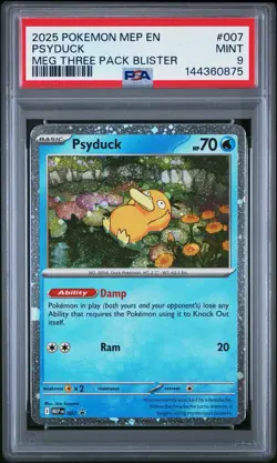 2025 POKEMON MEP MEGA EVOLUTION THREE PACK BLISTER #007 PSYDUCK PSA 9 MINT HOLO - Image 1