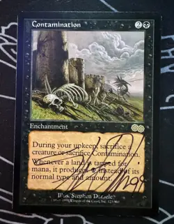 Signed Contamination MTG card Urza's Saga expansion artist Stephen Daniele - Image 1