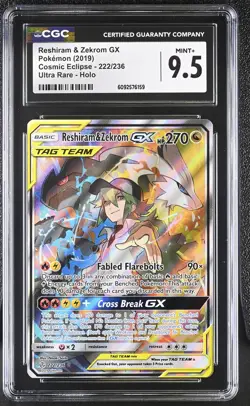 CGC 9.5 Reshiram & Zekrom GX Cosmic Eclipse 222/236 Ultra Rare Pokemon Card - Image 1